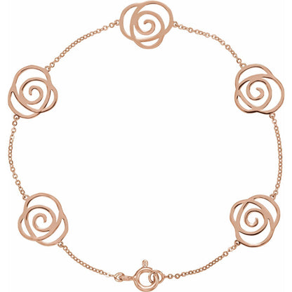 14K Rose Gold Floral Station 7" Bracelet Gift for Women