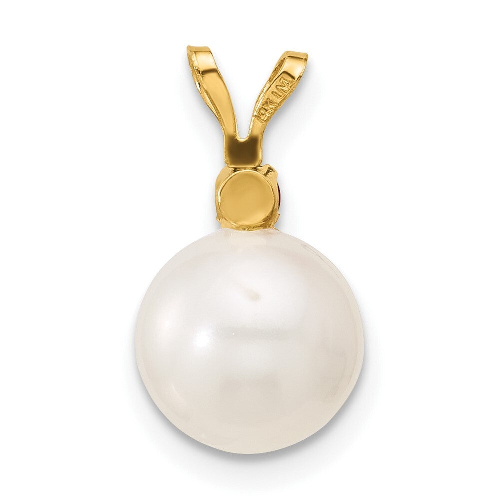 14k Yellow Gold 8-8.5mm White Round Freshwater Cultured Pearl .09RU Ruby Pendant