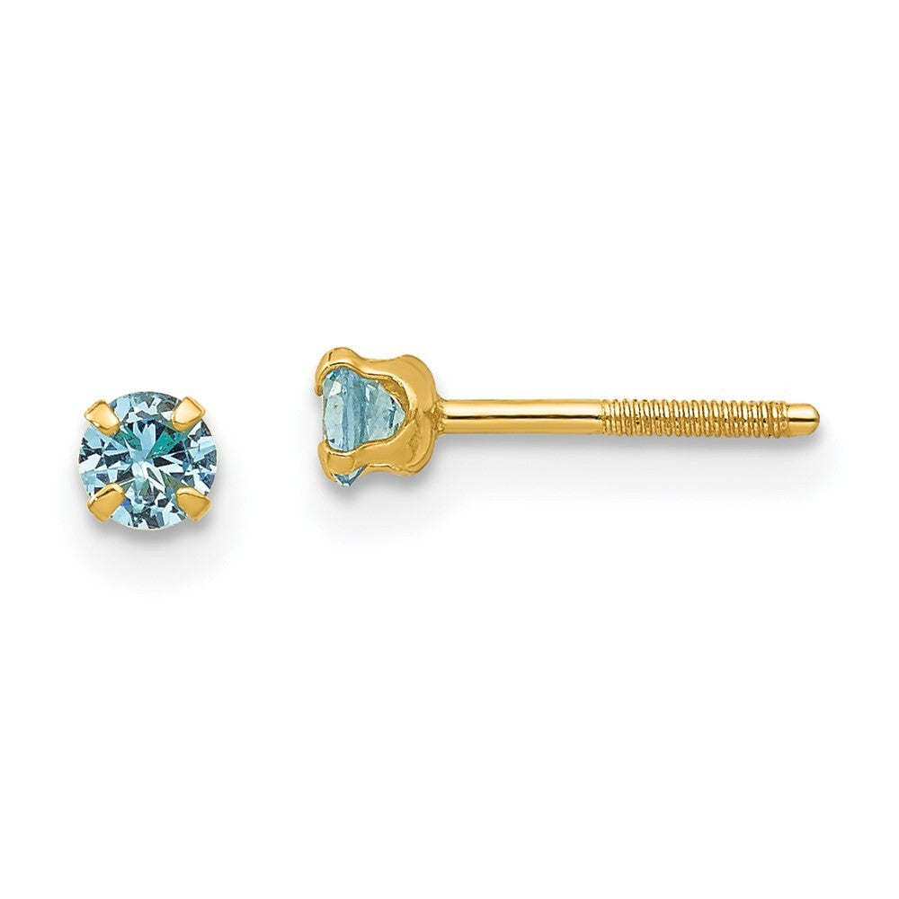 14k Yellow Gold 3mm Imitation Blue Zircon Birthstone Stud Earrings (Dec)