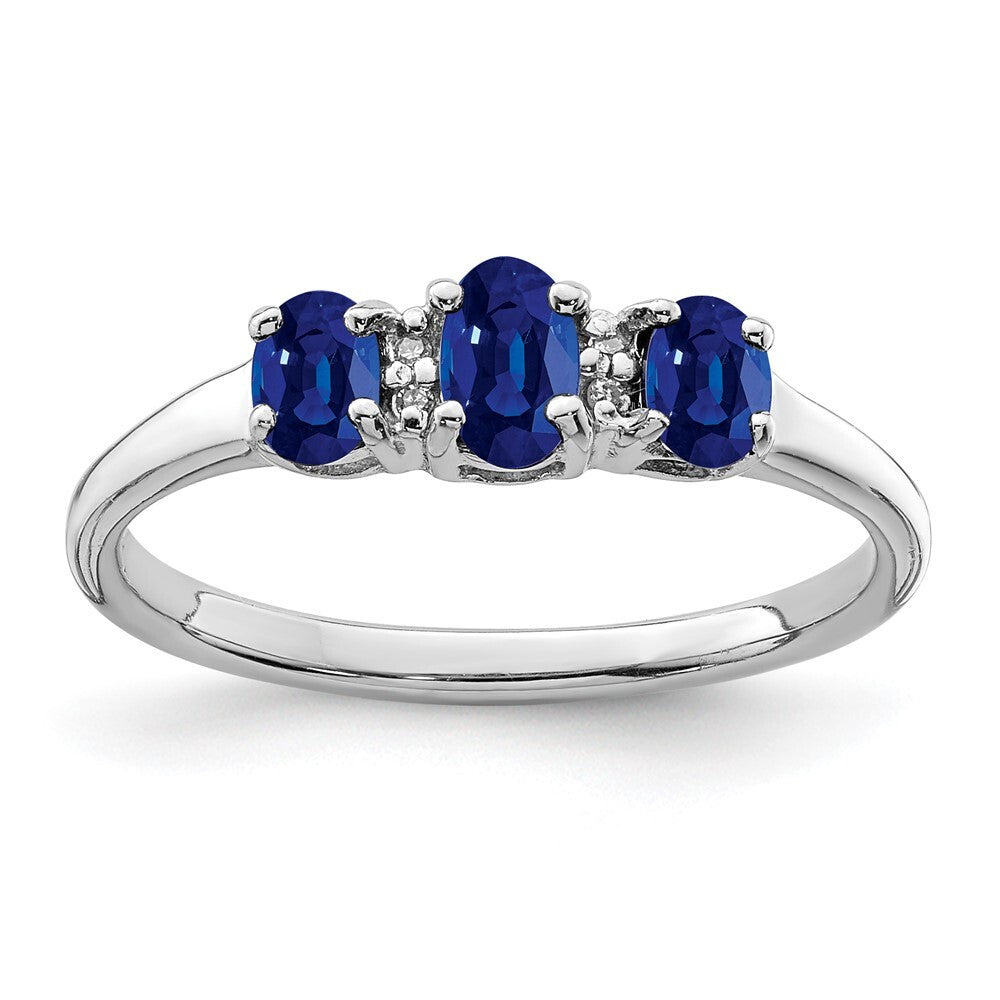 Sterling Silver Rhodium 3 Oval Sapphire & Diamond Ring Size 7