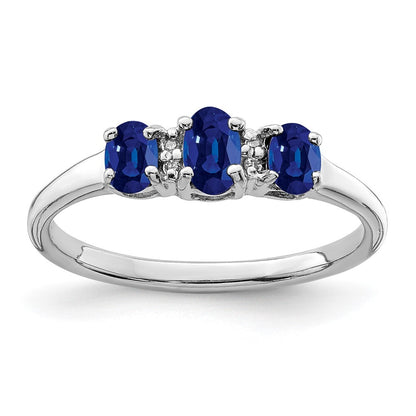 Sterling Silver Rhodium 3 Oval Sapphire & Diamond Ring Size 7