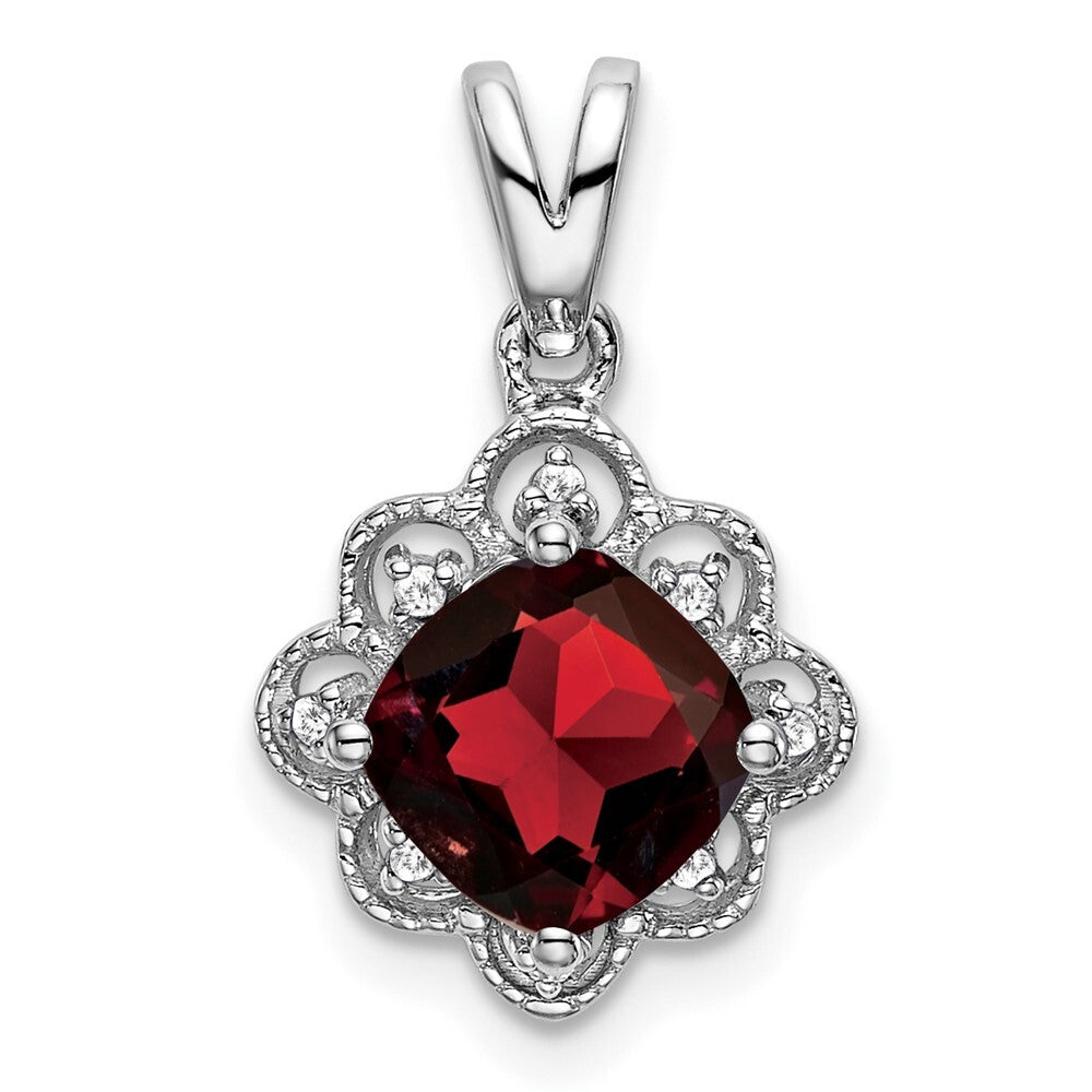 14k White Gold Garnet and Diamond Scalloped Pendant for Women