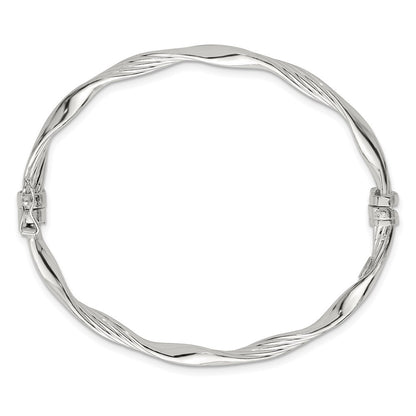 Sterling Silver Polished and Textured Twisted 4.00mm Hinged Bangle