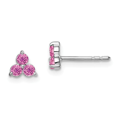 14k White Gold 3-stone Created Pink Sapphire Triangle Stud Earrings