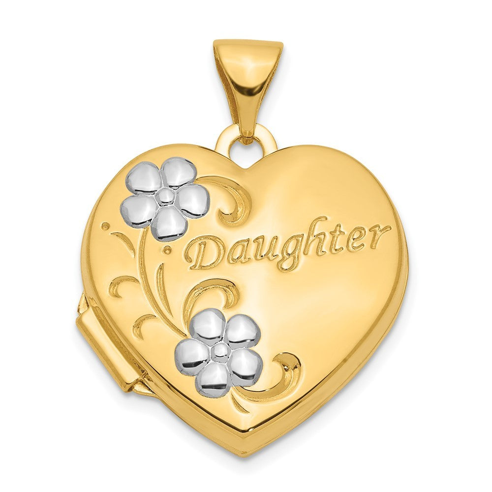 14k Yellow Gold Rhodium DAUGHTER Floral 18mm Heart Locket