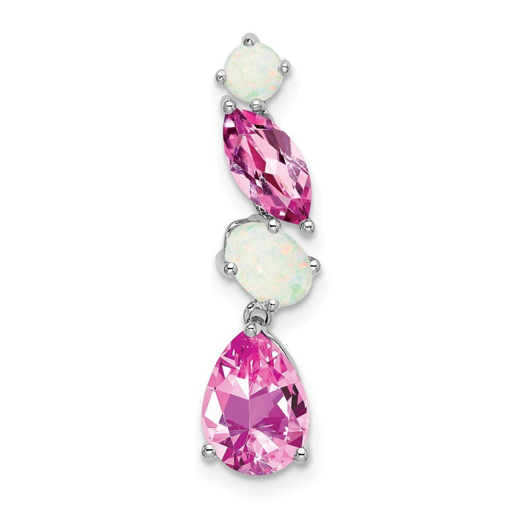 14k White Gold Created Pink Sapphire and Opal Chain Slide Pendant for Women