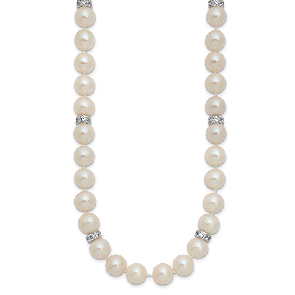 Sterling Silver Rhodium-plated 9-10mm White Cultured Pearl and CZ Necklace 18"