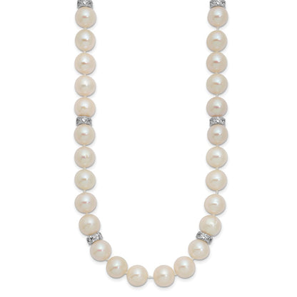 Sterling Silver Rhodium-plated 9-10mm White Cultured Pearl and CZ Necklace 18"