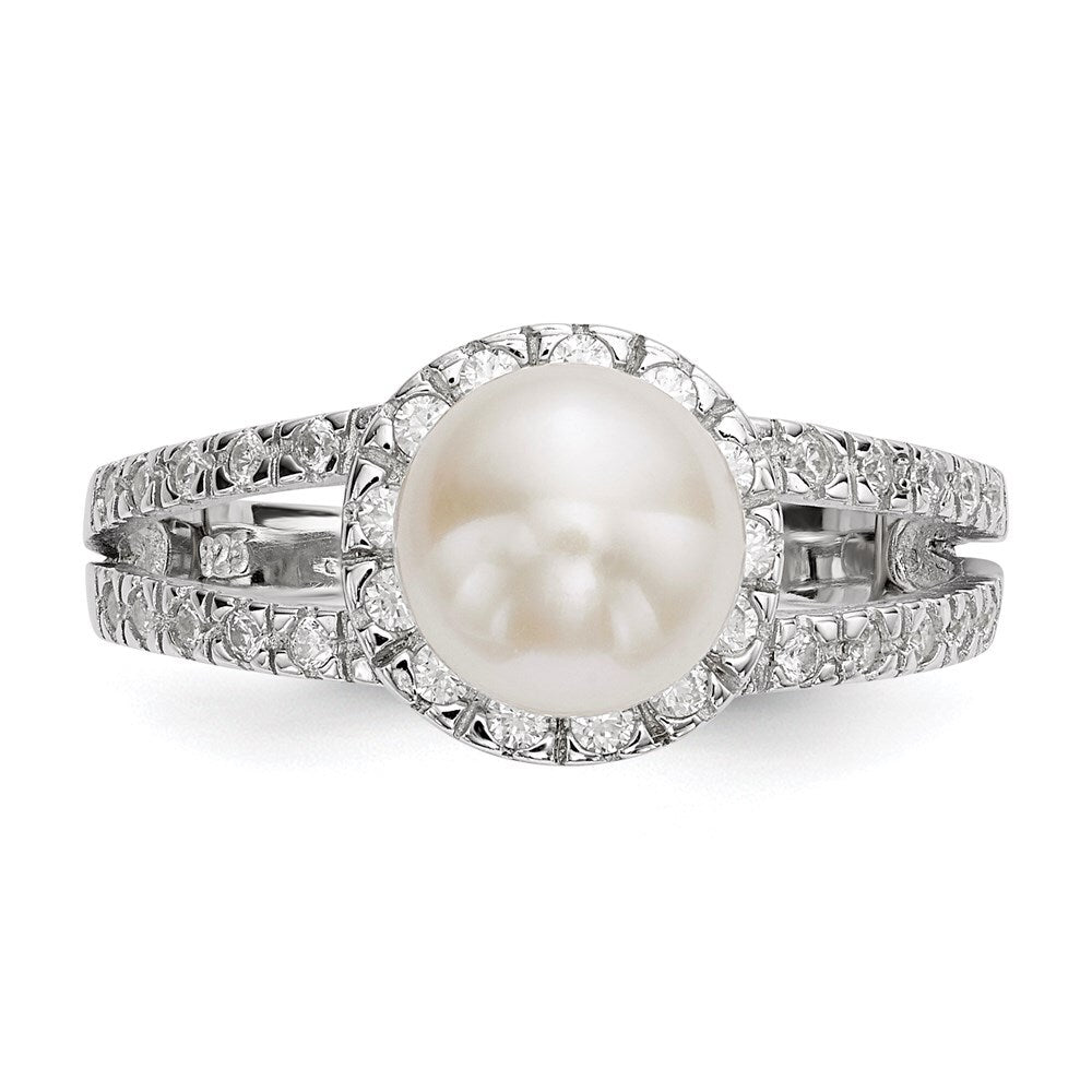 Sterling Silver 7-8mm White Button Freshwater Cultured Pearl and CZ Ring