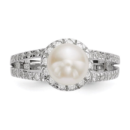 Sterling Silver 7-8mm White Button Freshwater Cultured Pearl and CZ Ring