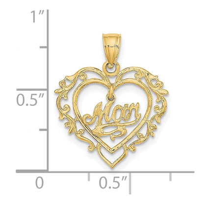 14k Yellow Gold Polished MOM Dangle in Fancy Heart Pendant for Women