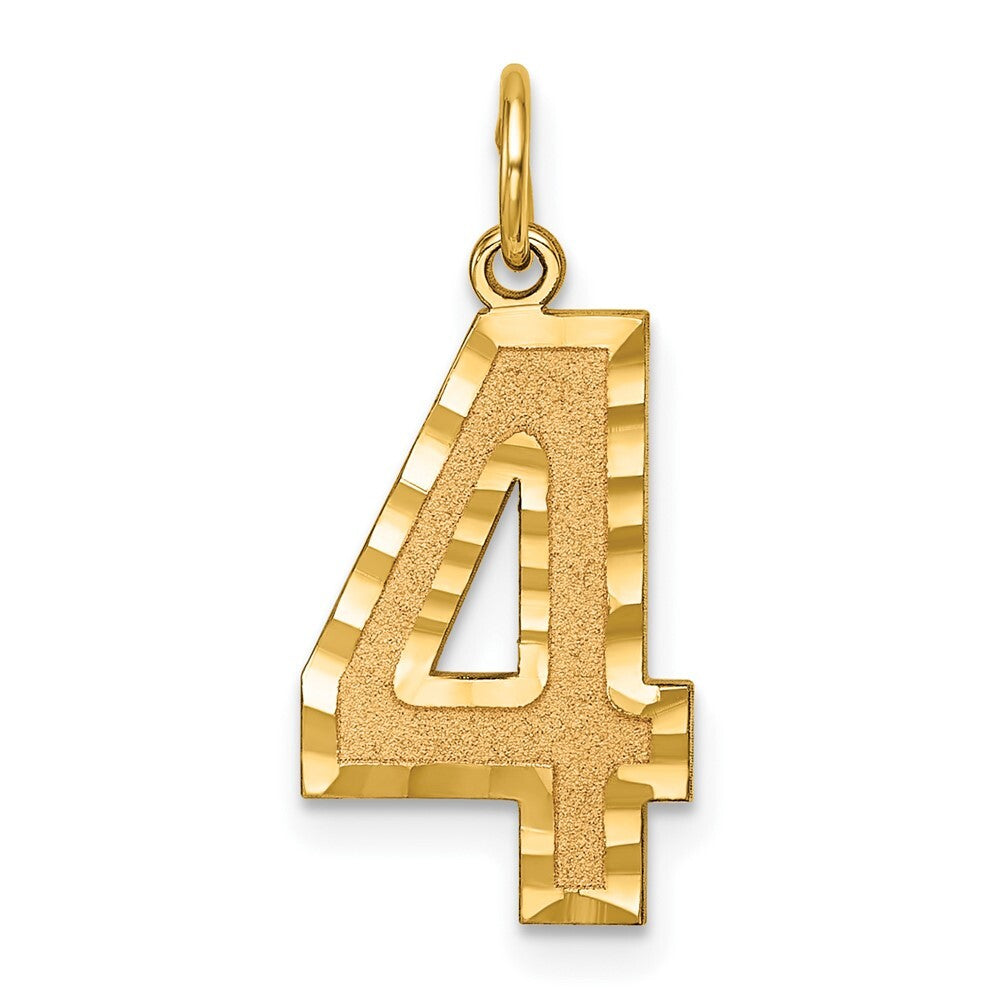 14k Yellow Gold Large Brushed Diamond-cut Number 4 Charm Pendant for Women