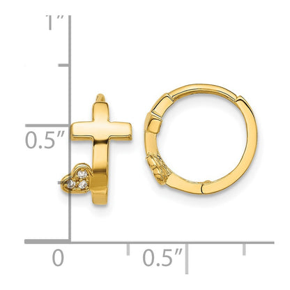 14k Yellow Gold Polished Cross Cubic Zirconia Heart Hinged Huggie Hoop Earrings
