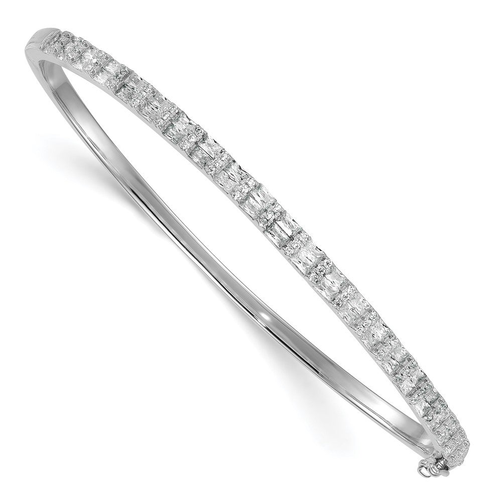 Sterling Silver Rhodium-plated  Round and Emerald-shape CZ Fancy Hinged Bangle
