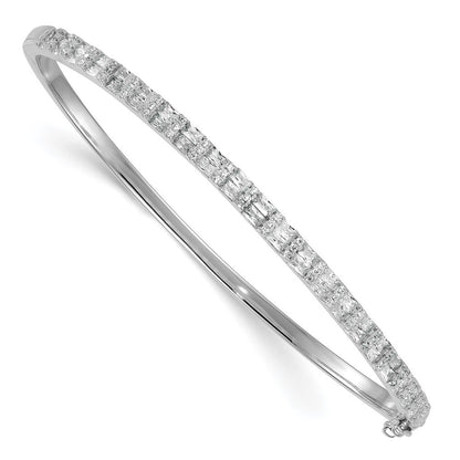 Sterling Silver Rhodium-plated  Round and Emerald-shape CZ Fancy Hinged Bangle