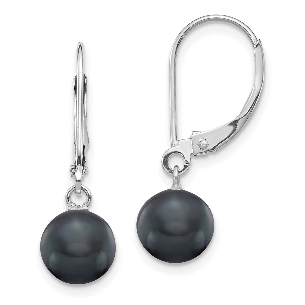 14k Gold 7-8mm Black Round Freshwater Cultured Pearl Dangle Leverback Earrings