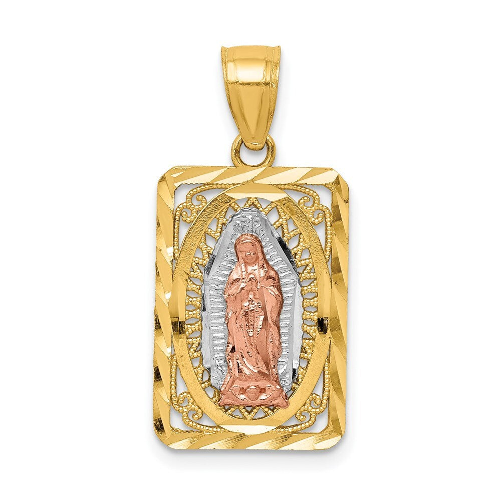 14k Two-tone Gold White Rhodium Diamond-Cut Lady of Guadalupe Pendant