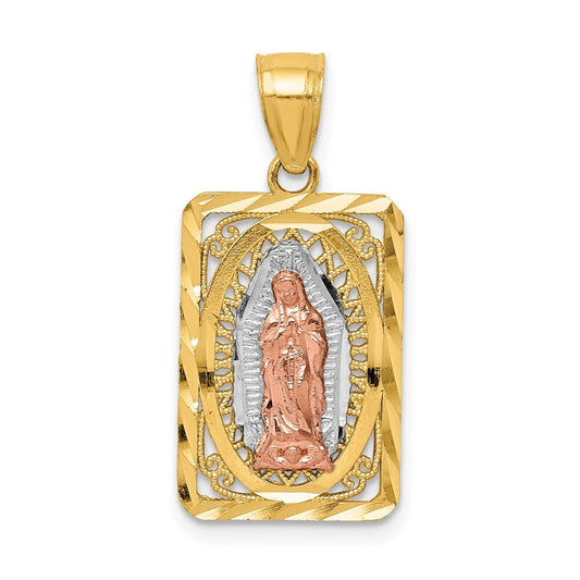 14k Two-tone Gold White Rhodium Diamond-Cut Lady of Guadalupe Pendant