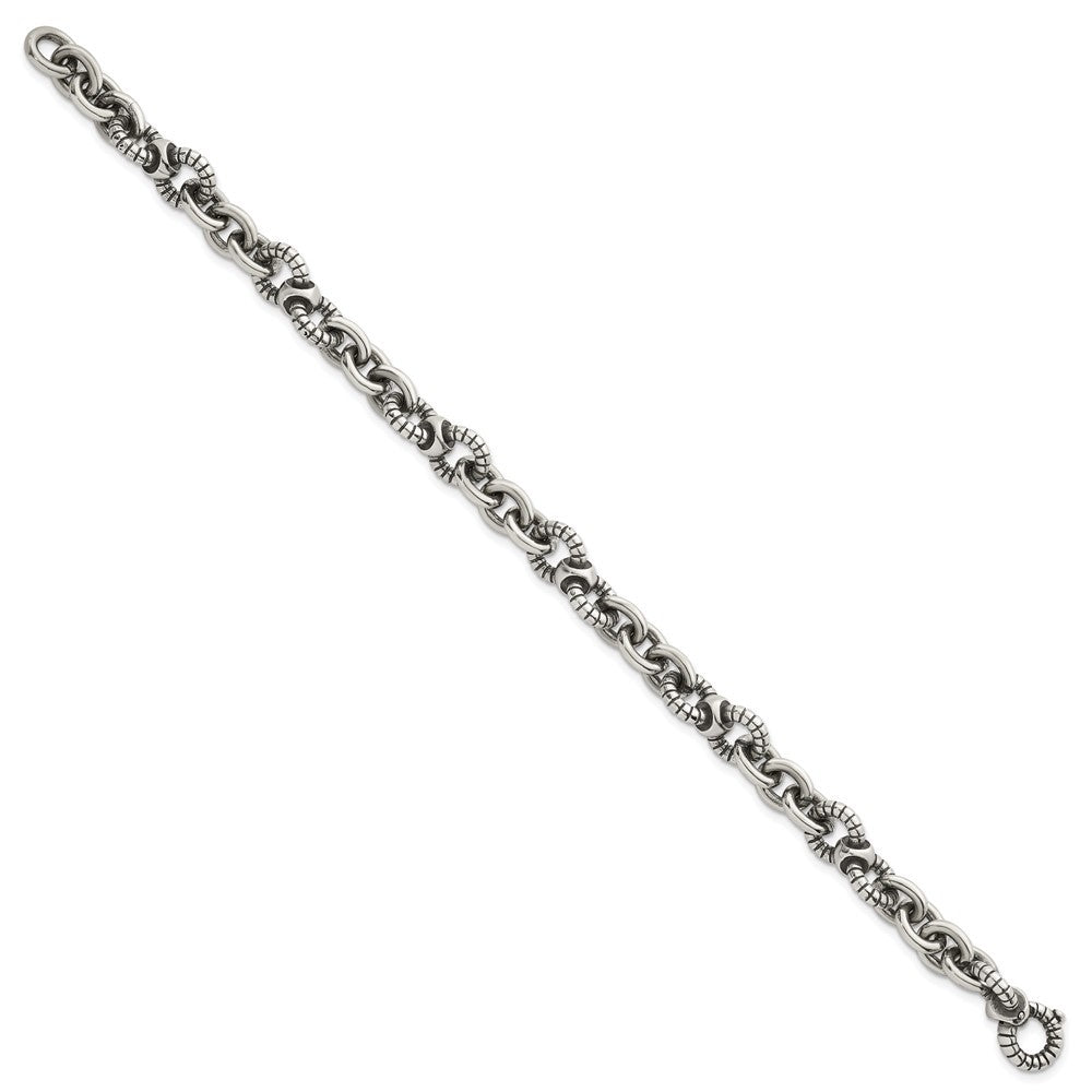 Sterling Silver Oxidized and Textured Round Fancy Cable Link Mens 8.25" Bracelet