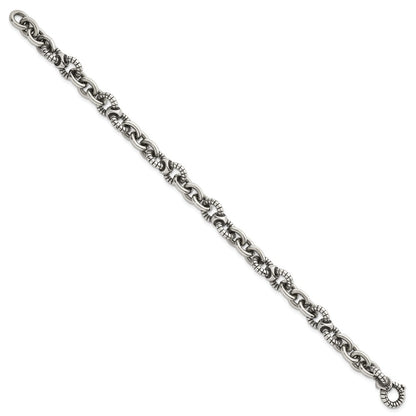 Sterling Silver Oxidized and Textured Round Fancy Cable Link Mens 8.25" Bracelet