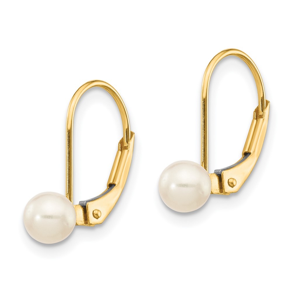 14k Yellow Gold 4-5mm White Round Freshwater Cultured Pearl Leverback Earrings