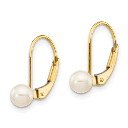 14k Yellow Gold 4-5mm White Round Freshwater Cultured Pearl Leverback Earrings