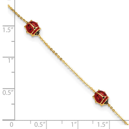 14k Yellow Gold  Red and Black Enameled Ladybugs 6.5" Bracelet Plus 0.75" Ext