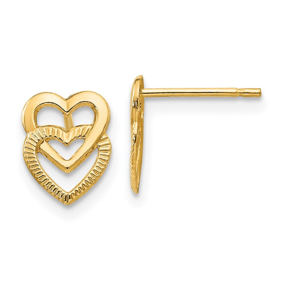 14k Yellow Gold Polished Double Heart Stud Earrings