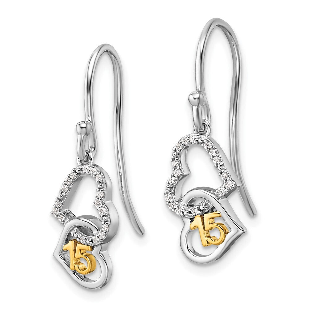 14K Two-Tone Gold Polished Diamond Quinceanera Double Heart Dangle Earrings