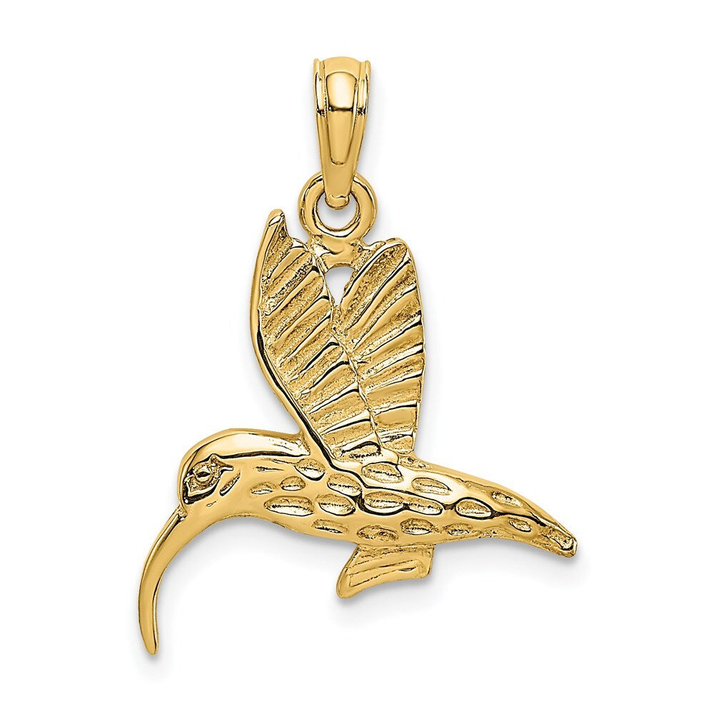 14k Yellow Gold Textured Hummingbird Flying Charm Pendant for Women