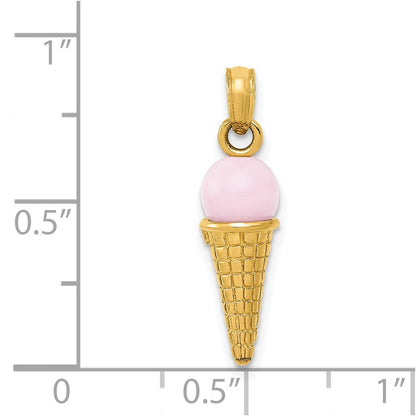 14k Yellow Gold Satin Polished 3D Pink Quartz Ice Cream Cone Charm Pendant