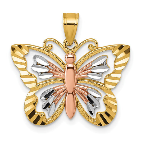 14k Two-tone Gold with White Rhodium Diamond-Cut Polished Butterfly Pendant