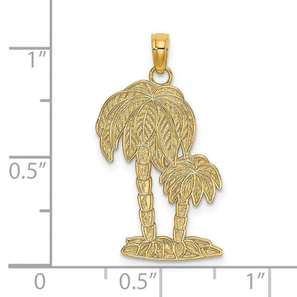 14k Yellow Gold 2-D Textured Double Palm Trees Charm Pendant for Women