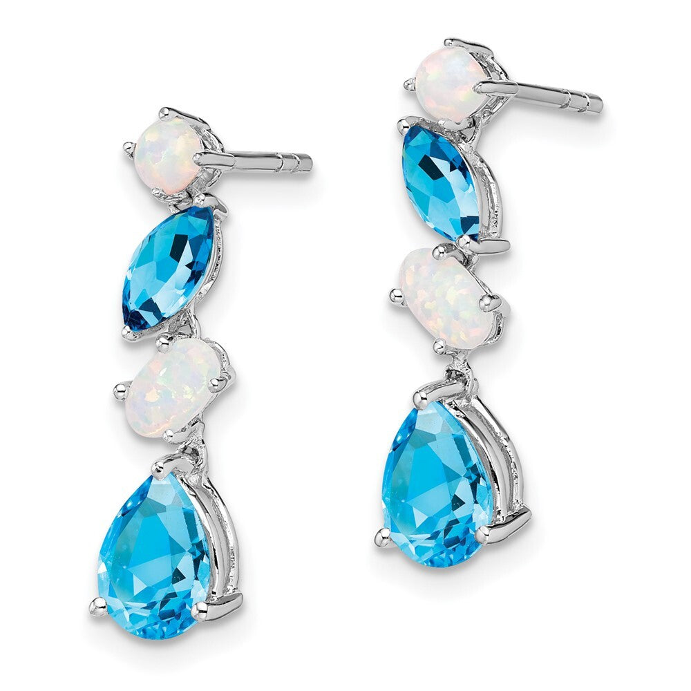 14k White Gold Blue Topaz and Opal Dangle Earrings Gift for Women