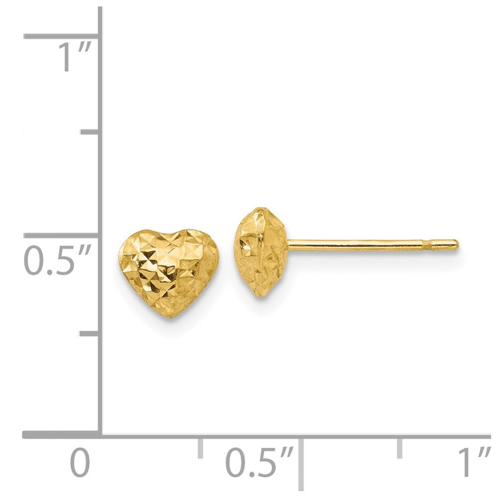 14k Yellow Gold Diamond Cut Puffed Heart Stud Earrings