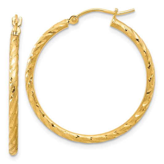 14k Yellow Gold Polished and Satin Diamond-Cut 2mm Hoop Earrings