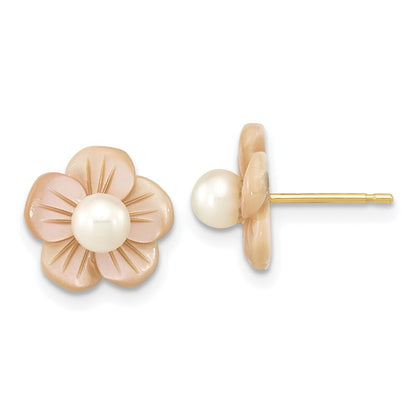 14k Yellow Gold 3-4mm Cultured Pearl & Pink Mother of Pearl Flower Stud Earrings