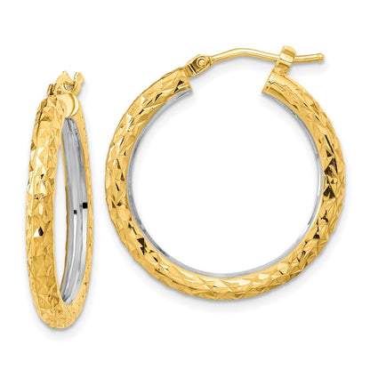 14k Yellow Gold White Rhodium Polished Diamond-cut 3mm Circle Hoop Earrings