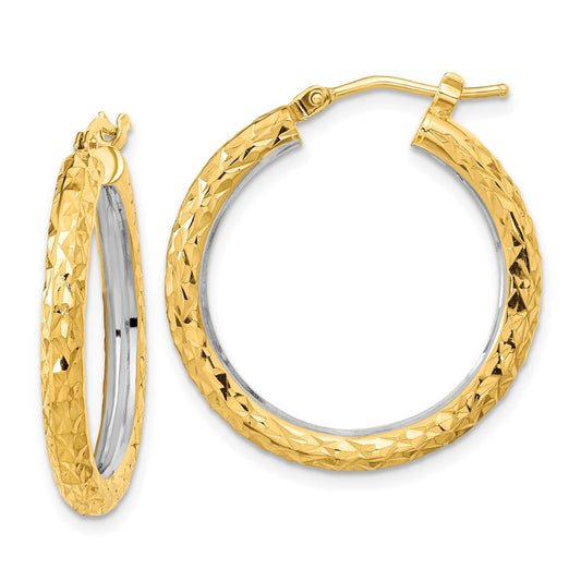 14k Yellow Gold White Rhodium Polished Diamond-cut 3mm Circle Hoop Earrings
