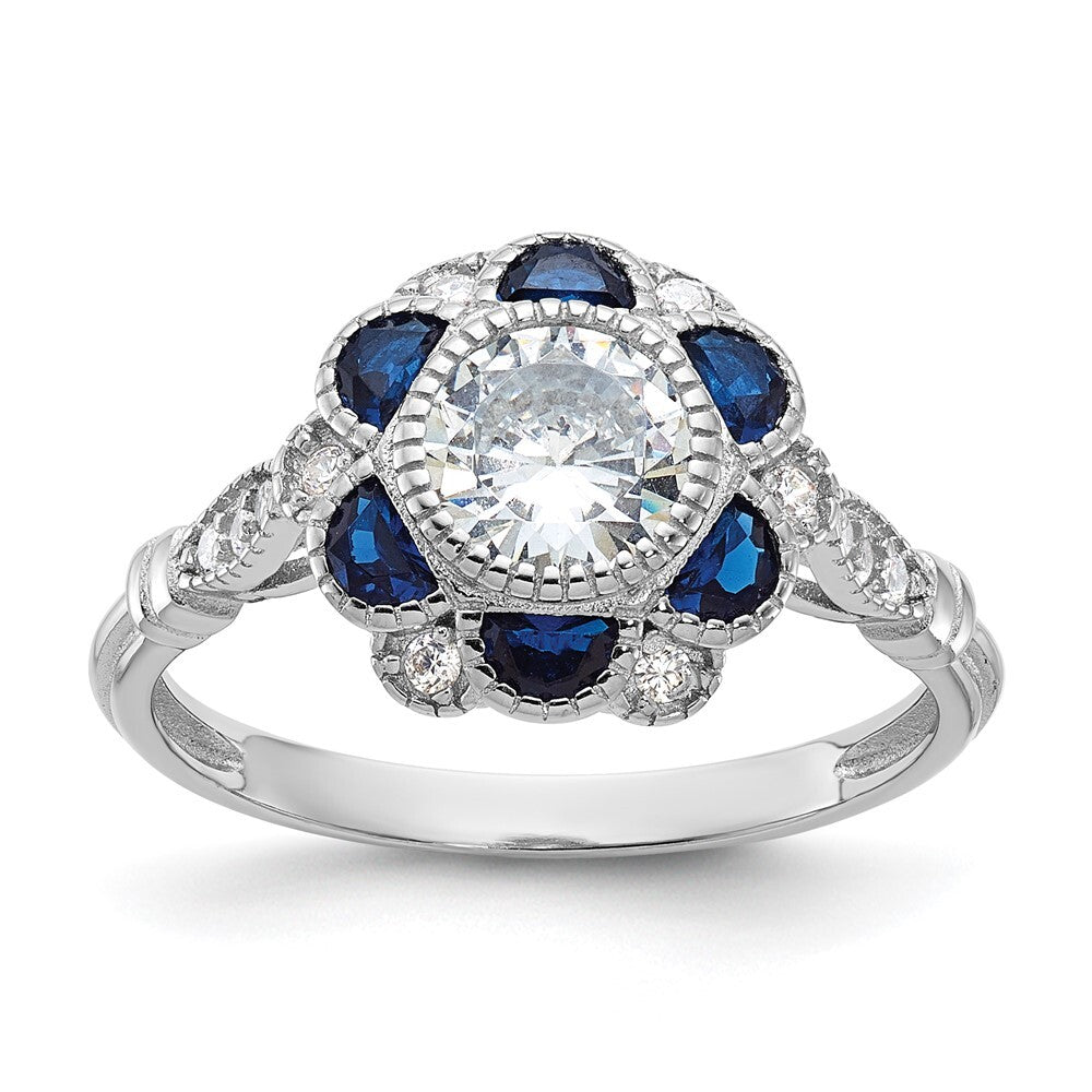 Sterling Silver Cubic Zirconia and Lab Cr. Blue Sapphire Flower Ring SZ 8