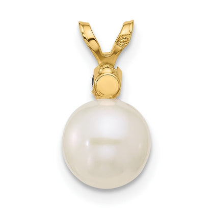 14k Yellow Gold 7-7.5mm White Round Freshwater Cultured Pearl & Sapphire Pendant