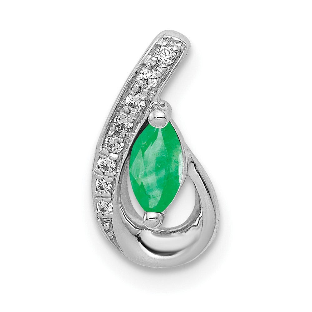 14k White Gold Teardrop Diamond and Emerald Pendant for Women