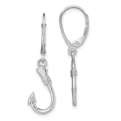 14K White Gold 3-D Fish Hook Dangle Earrings Leverback Gift for Women