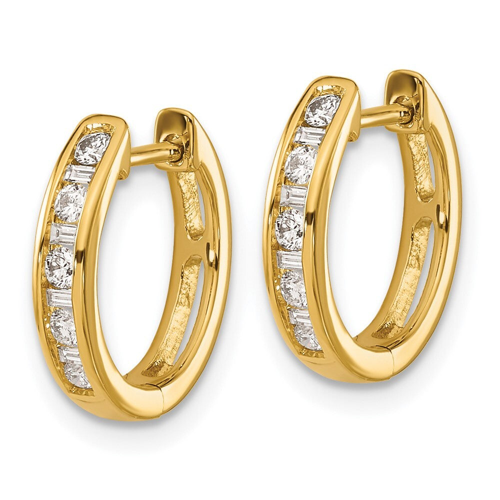 14k Yellow Gold Round & Baguette Diamond Hinged Hoop Earrings