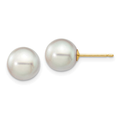 14k Yellow Gold 8-9mm Grey Round Akoya Saltwater Cultured Pearl Stud Earrings
