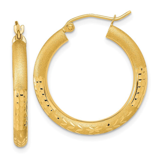 14k Yellow Gold Polished Satin and Diamond-cut Hoop Earringss