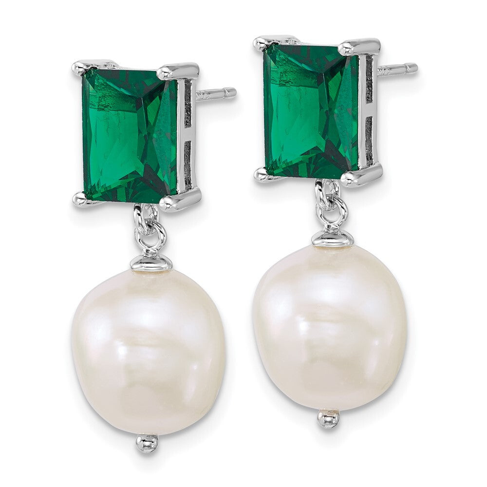 Sterling Silver Semi-Round Cultured Pearl & Green Cubic Zirconia Dangle Earrings