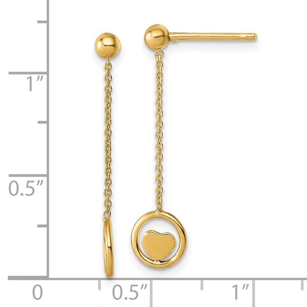 14k Yellow Gold Polished Heart in Circle with Chain Dangle Earrings
