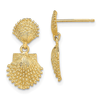 14k Yellow Gold Double Beaded Scallop Shell Dangle Earrings Gift for Women