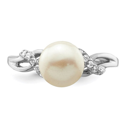 Sterling Silver 8-9mm White Button Freshwater Cultured Pearl and CZ Ring